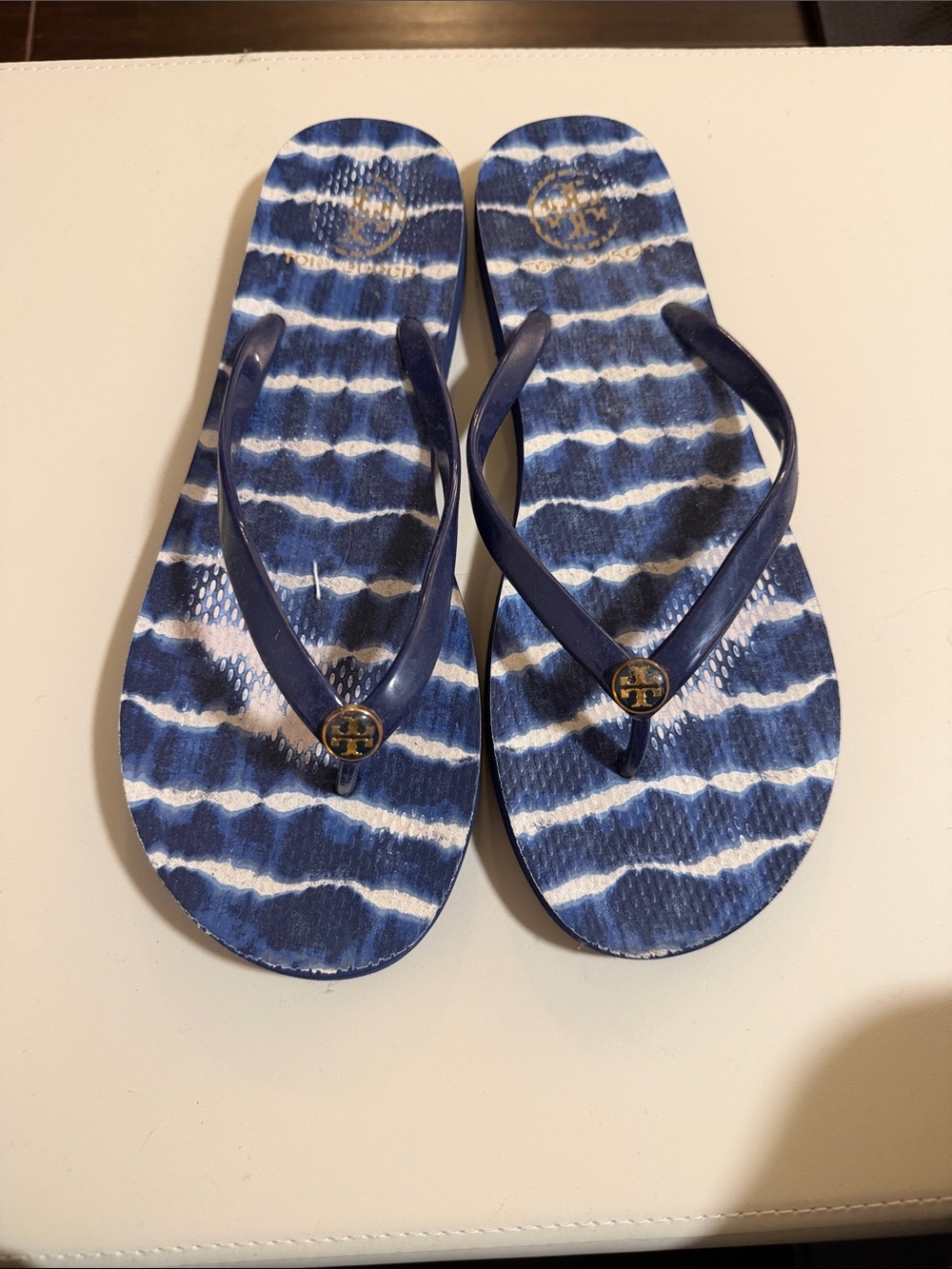 Tory Burch Blue and White Wave-Print Logo Flip Flops